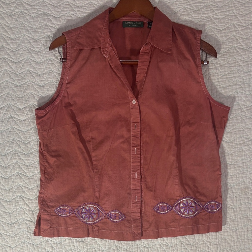 Lemon Grass Rust Sleeveless Blouse with Purple Embroidery